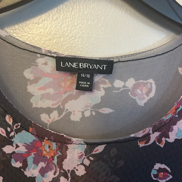 Lane Bryant shirt - black/pink floral short sleeve sheer mesh high/low tunic - Picture 3 of 8